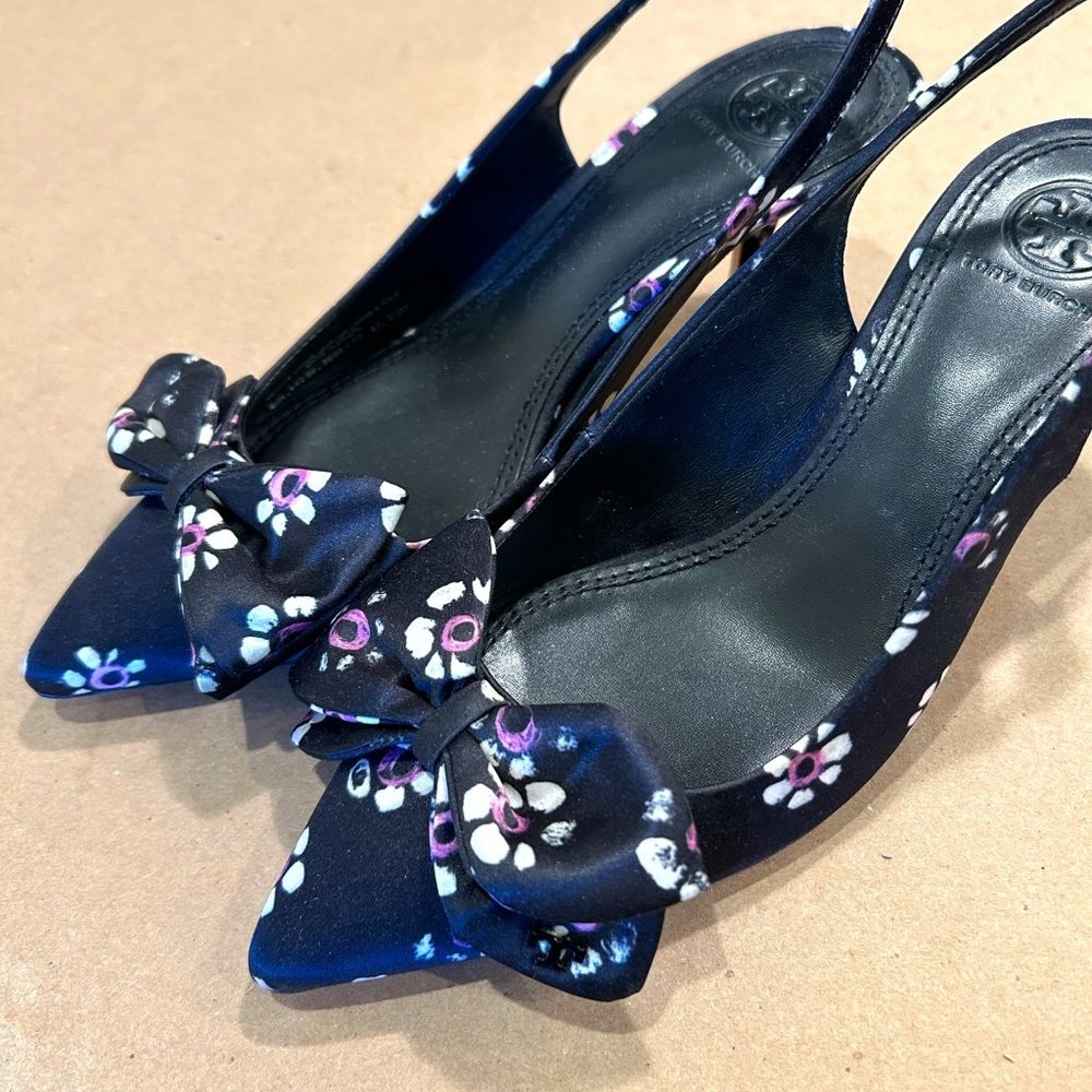 Tory Burch | Like New Rosalind Black Satin Floral Slingback Kitten Heels